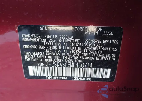 2021 Subaru Forester Limited from USA, damaged, VIN JF2SKASC6MH450714